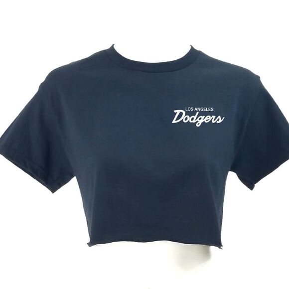 LOS ANGELES DODGERS Double Script Logo MLB Cropped Crop Top Baseball Jersey Tee - Picture 1 of 5